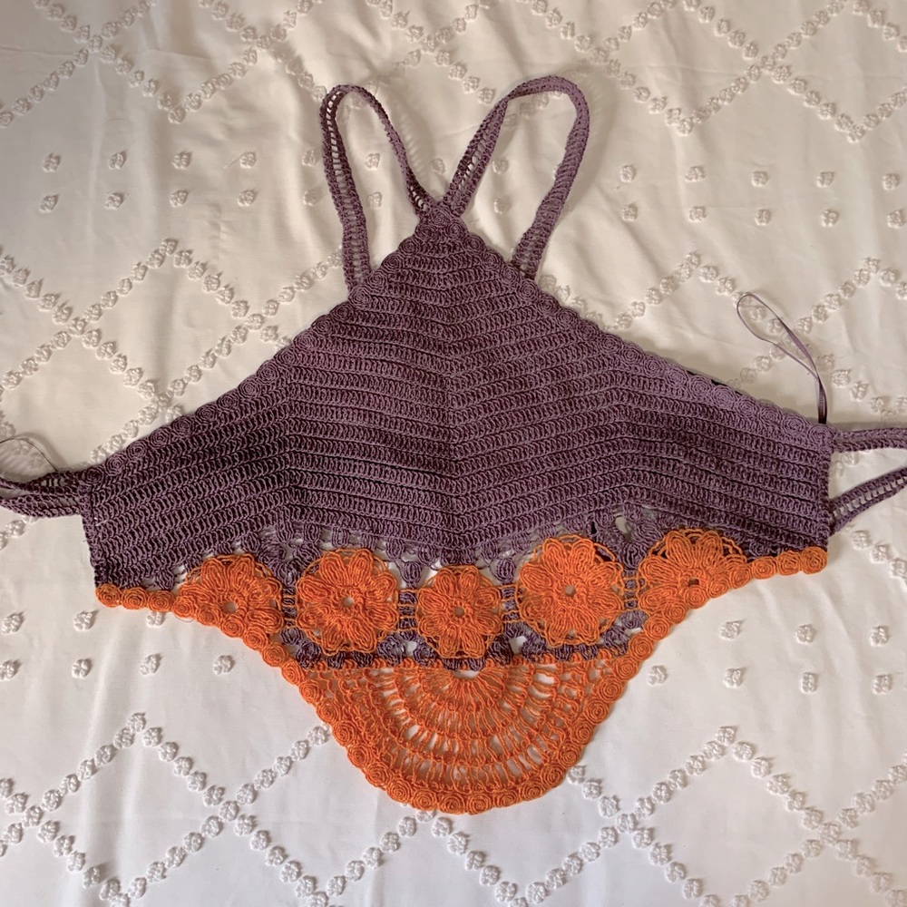 Zara Purple and Orange Crochet Knit Halter Top